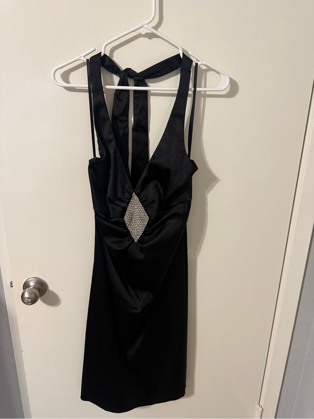Betsy & Adam Black Satin Mini Dress with Rhinestone Diamond Accent